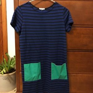 Navy and blue striped dress with accent pockets